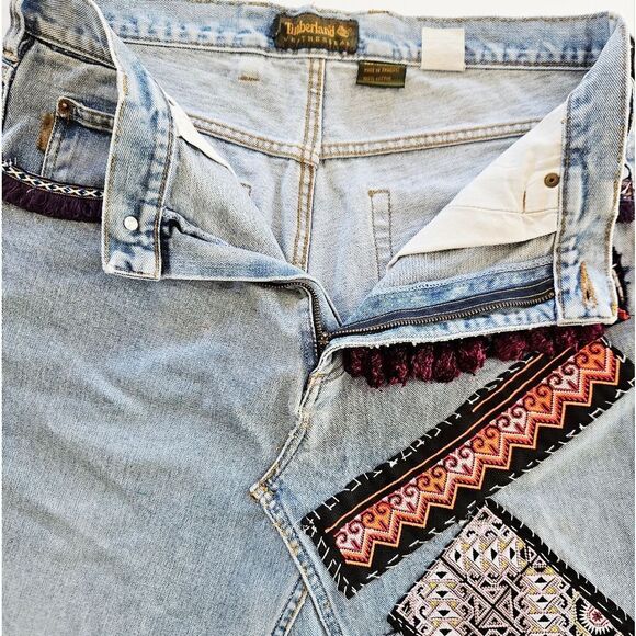 Vintage Reworked Timberland Upcycled Y2K Denim Embroidered Patchwork Skirt 12 - Picture 10 of 15